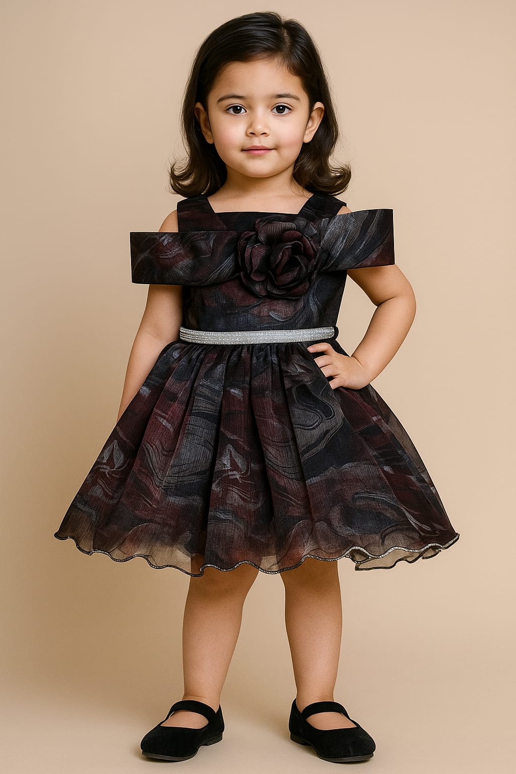 Girl Elegant Black & Maroon Party Dress