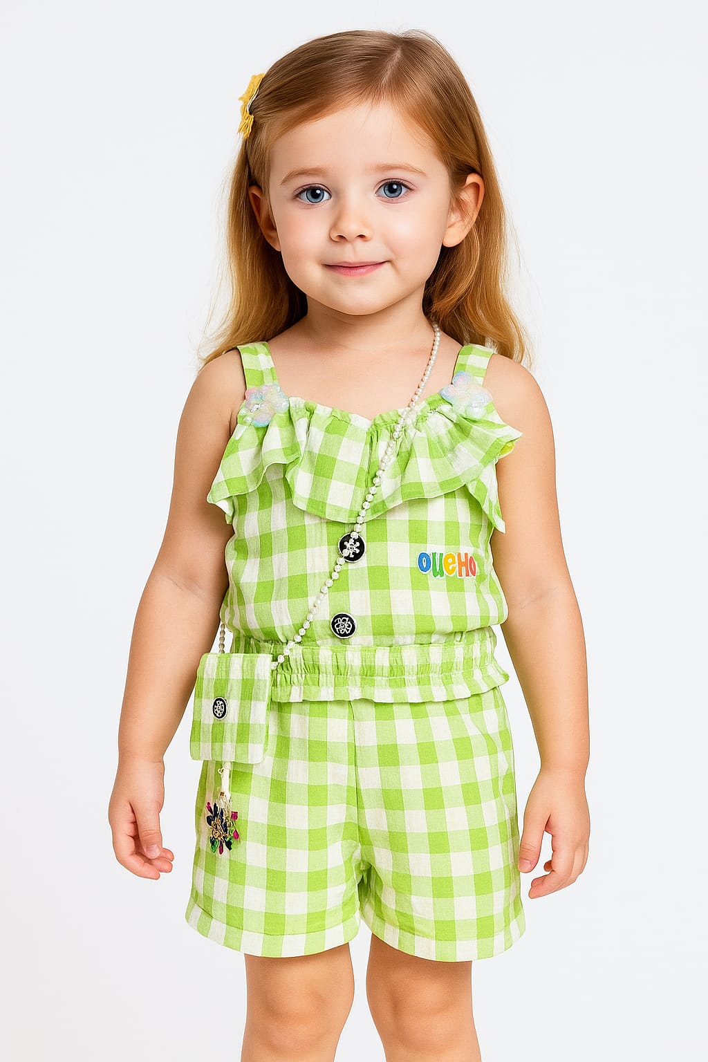 Girls Light Green Gingham Check Jumpsuit